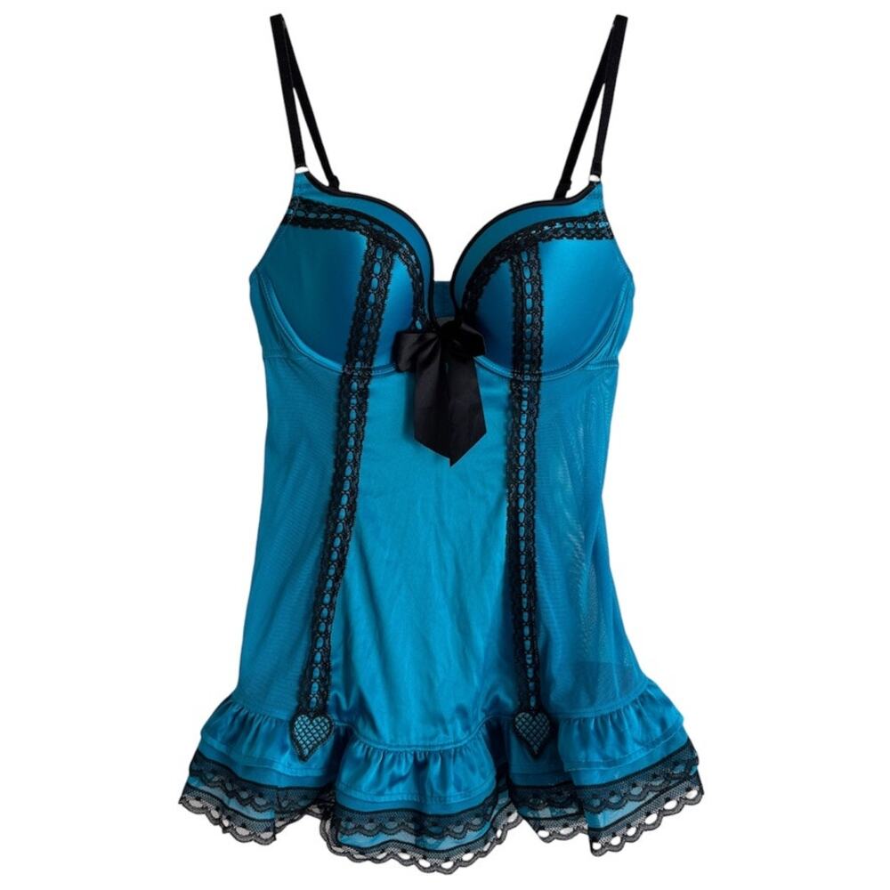 La Senza Bright Blue Satin Mesh & Black Lace Babydoll Lingerie Nightie Size Med
